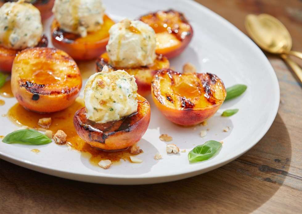 Click to play Grilled Peaches with White Chocolate & Basil Icecream recipe video on YouTube